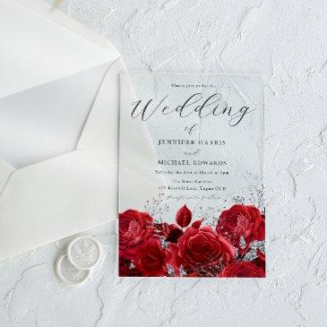gorgeous red roses & silver wedding acrylic invitations