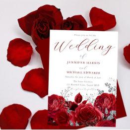 Small Gorgeous Red Roses & Silver Wedding Invitation Front View