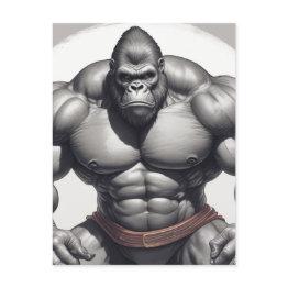 Small Gorilla Bodybuilder Pop Art Cartoon Drawing Postinvitations Front View