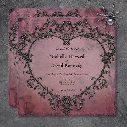 Small Gothic Black & Burgundy Filigree Heart Wedding Invitation Front View