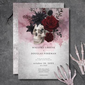 gothic black & burgundy skull & spider wedding invitation