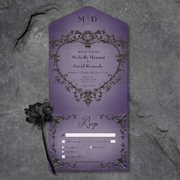 Small Gothic Black & Purple Filigree Heart Dinner All In One Invitation Front View
