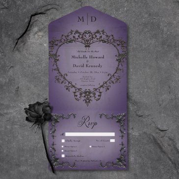 gothic black & purple filigree heart dinner all in one invitation