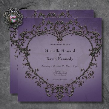 gothic black & purple filigree heart wedding invitation