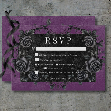 gothic black raven & black roses purple dinner rsvp invitations