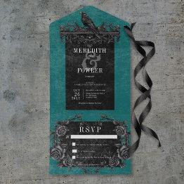 Small Gothic Black Raven & Black Roses Teal No Dinner All In One Invitation Front View