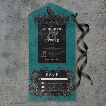 gothic black raven & black roses teal no dinner all in one invitation