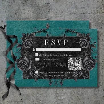 gothic black raven & black roses teal qr code rsvp invitations