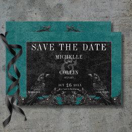 Small Gothic Black Raven & Black Roses Teal Wedding Save Save The Date Front View