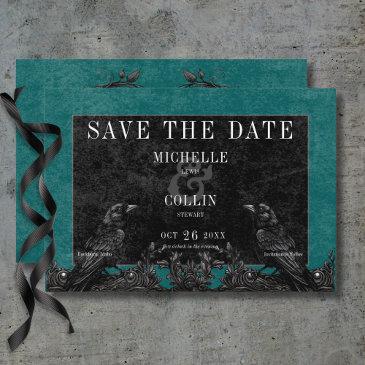 gothic black raven & black roses teal wedding save save the date