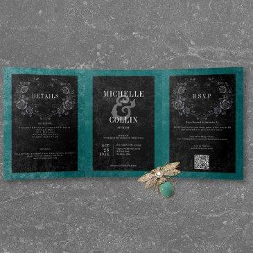 gothic black raven & black roses teal wedding tri-fold invitation