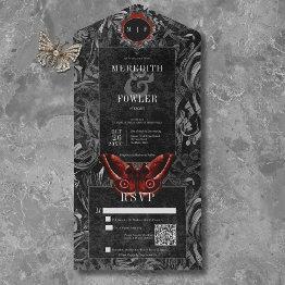 Small Gothic Black Red Filigree Moth Qr Code Wedding All In One Invitation Front View