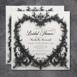 Small Gothic Black & White Filigree Heart Bridal Shower Invitation Front View