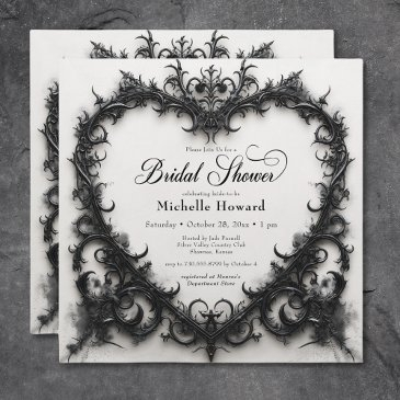 gothic black & white filigree heart bridal shower invitation