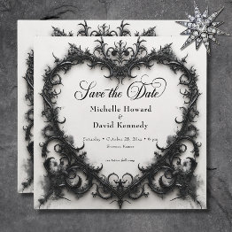 Small Gothic Black & White Filigree Heart Wedding Save The Date Front View
