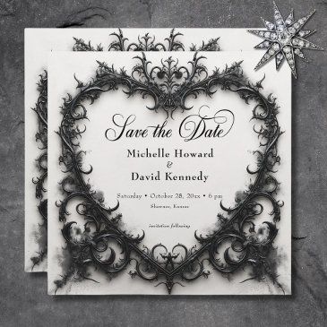 gothic black & white filigree heart wedding save the date