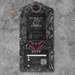 Small Gothic Black Wine Filigree Moth Qr Code Wedding All In One Invitation Front View