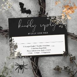Small Gothic Floral Roses Black And White Wedding Rsvp Invitations Front View