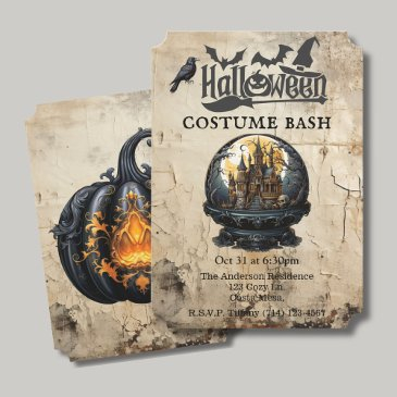 gothic house in snow globe halloween costume party invitation