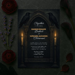 Small Gothic Raven Candlelight Arch Wedding Invitation Front View