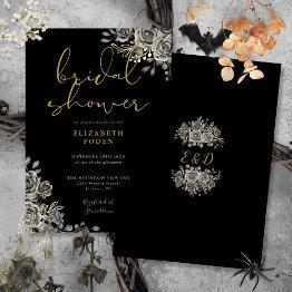Small Gothic Roses Floral Black And Gold Bridal Shower Invitation Front View