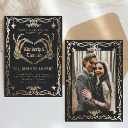 Small Gothic Skull Hallowedding Retro Wedding Invitation Front View