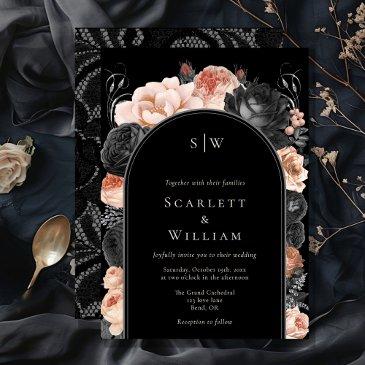 gothic vintage black blush arch monogram wedding invitation