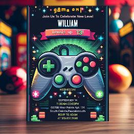 Small Grab Boy Cool Kids Gaming Level Up 13th Birthday Invitation Front View