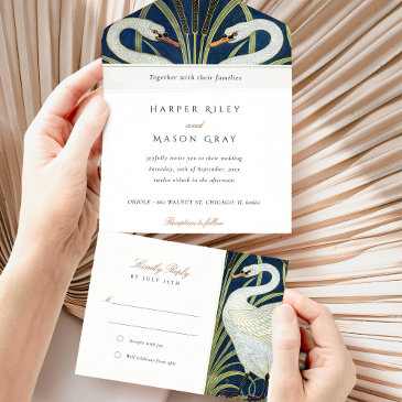 graceful art deco swan all-in-one tear-away rsvp all in one invitation
