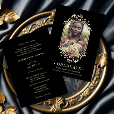 graduate fancy botanical oval frame golden effect invitation
