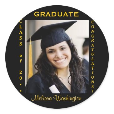 graduation custom photo gold round classic round sticker