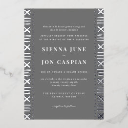 Small Gray Boho Mudcloth Border Silver Foil Invitation Front View