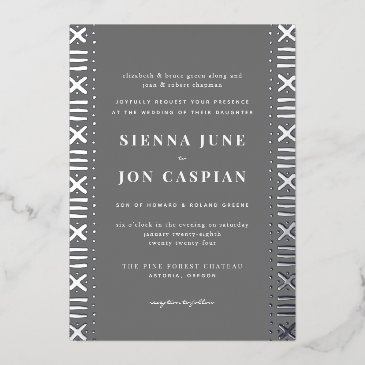 gray boho mudcloth border silver foil invitation