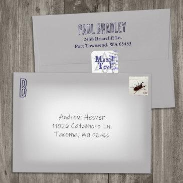 gray, navy blue return address preprinted monogram envelope