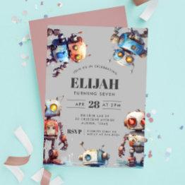 Small Gray Robots Tech Gear Builder Birthday Party Invitation Front View