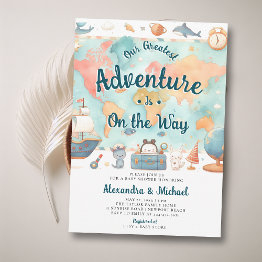 Small Greatest Adventure Map Couples Boy Baby Shower Invitation Front View