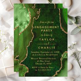 Small Green And Gold Agate Marble Engagement Party Invitation Front View
