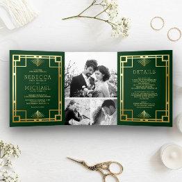 Small Green And Gold Art Deco Photo Collage Wedding Tri-fold Invitation Front View