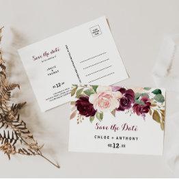 Small Green Blush Burgundy Floral Save The Date Postinvitations Front View