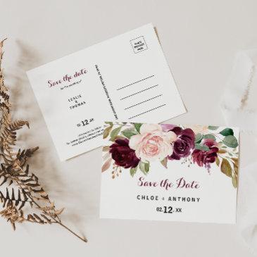 green blush burgundy floral save the date postinvitations