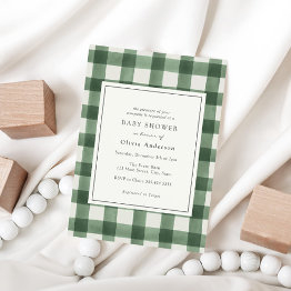 Small Green Buffalo Plaid Baby Shower Invitation Front View