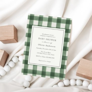 green buffalo plaid baby shower invitation