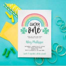 Small Green Clover & Rainbow Lucky One First Birthday Invitation Front View