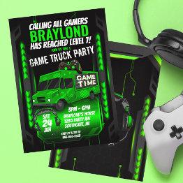 Small Green Game Truck Birthday Party Invitation Front View