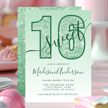 green glitter script sweet 16 birthday party invitation