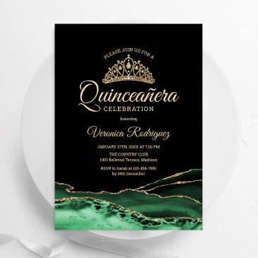 green gold black agate marble quinceanera invitation
