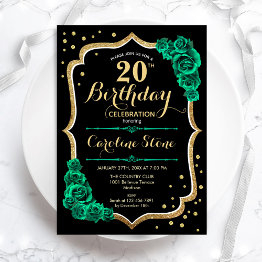 Small Green Gold Black Floral 20th Birthday Invitation Front View