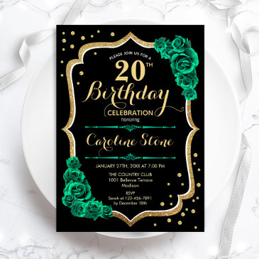 green gold black floral 20th birthday invitation