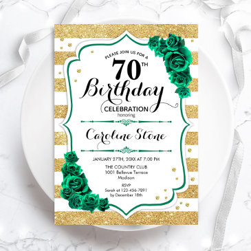 green gold white stripes roses 70th birthday invitation