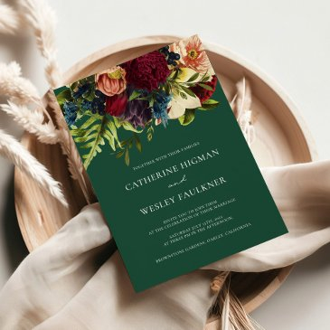 green jewel tone moody floral burgundy wedding invitation
